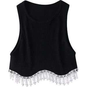 Women’s Tassel Diamond Beading Crop Top, Medium